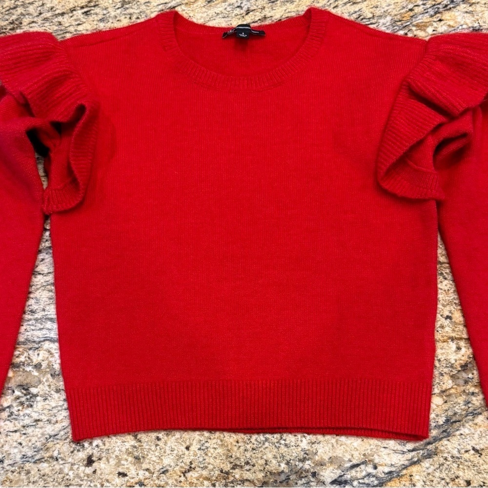 INC Women’s Red Ruffled Shoulder Long Sleeve Sweater Size Small - Picture 3 of 9